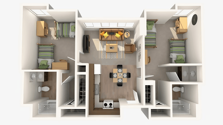 Floor plans feature one bathroom for each bedroom